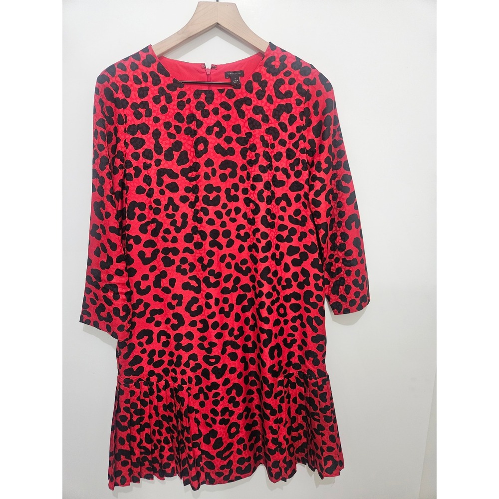 Ann Taylor Red Black Leopard Animal Print Pleated Drop Waist Shift Dress Size 6